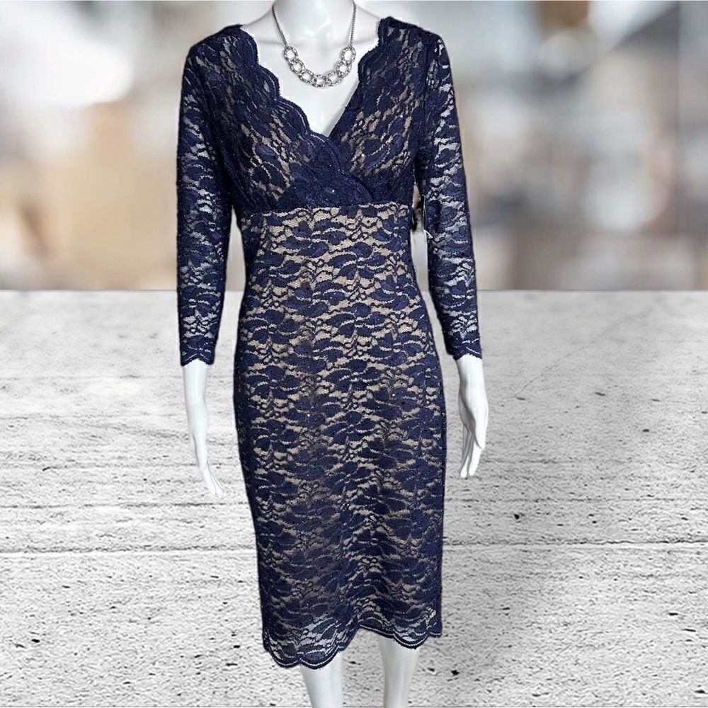 Onyx Nite Blue Sequin Lace Long Sleeve Dress‎